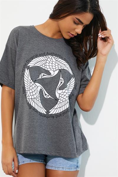 Kadın Baskılı Oversize T-shirt Antrasit