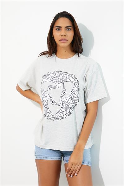 Kadın Baskılı Oversize T-shirt Gri