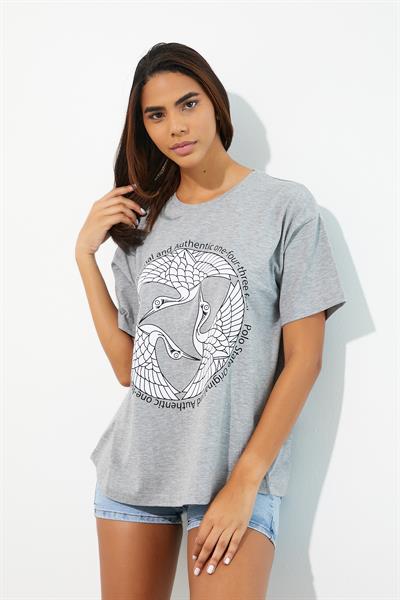 Kadın Baskılı Oversize T-shirt Gri Melanj