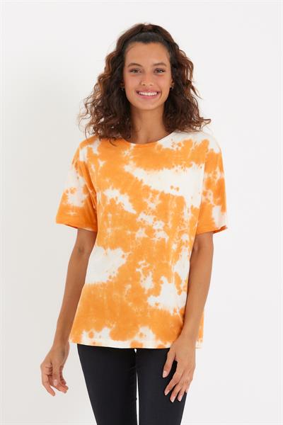Kadın Batik Yıkamalı Oversize T-shirt Turuncu
