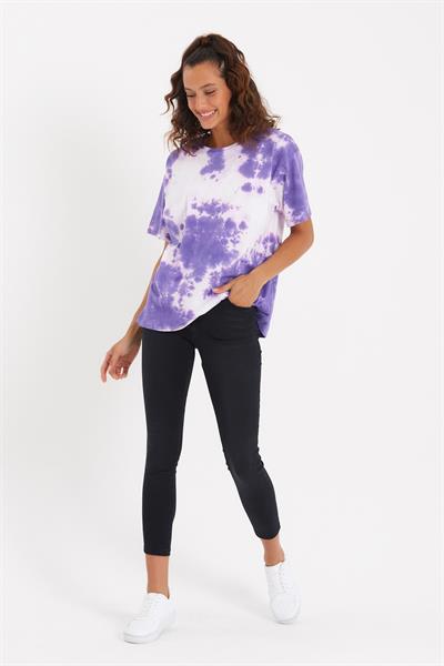 Kadın Batik Yıkamalı Oversize T-shirt Mor