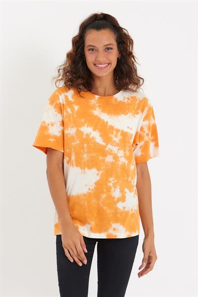 Kadın Batik Yıkamalı Oversize T-shirt Turuncu