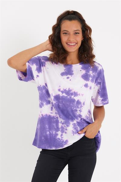 Kadın Batik Yıkamalı Oversize T-shirt Mor