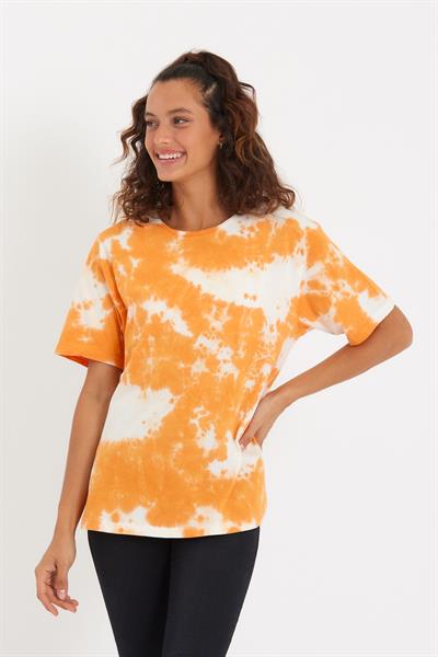 Kadın Batik Yıkamalı Oversize T-shirt Turuncu
