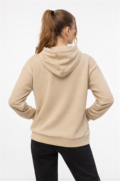 Kadın Bej Kiraz Baskılı Oversize Kapüşonlu Sweatshirt Hoodie