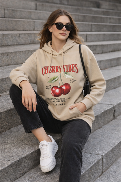 Kadın Bej Kiraz Baskılı Oversize Kapüşonlu Sweatshirt Hoodie