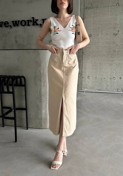 Kadın Bej Yüksek Bel Yırtmaçlı Midi Etek