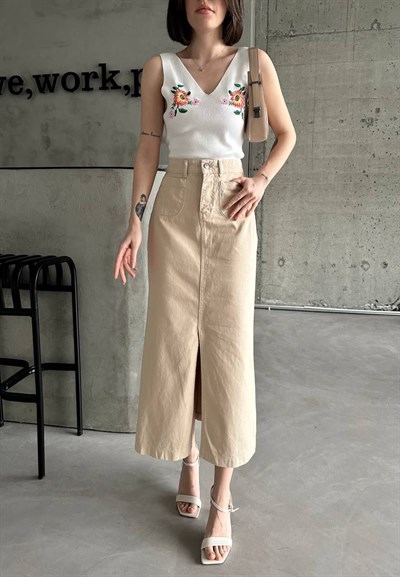 Kadın Bej Yüksek Bel Yırtmaçlı Midi Etek