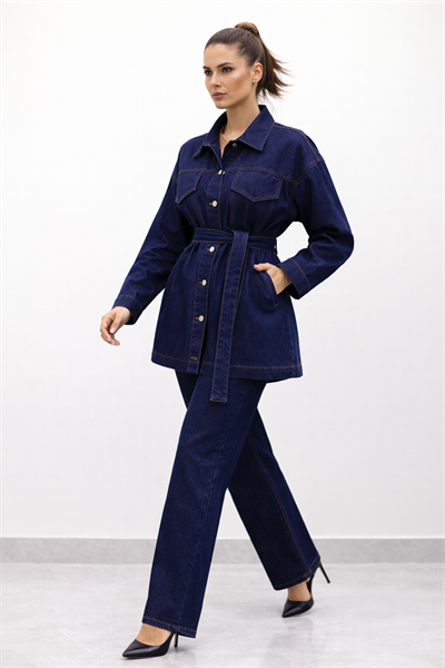 Kadın Belden Kemerli Oversize Denim Ceket Pantolon Takım – Lacivert