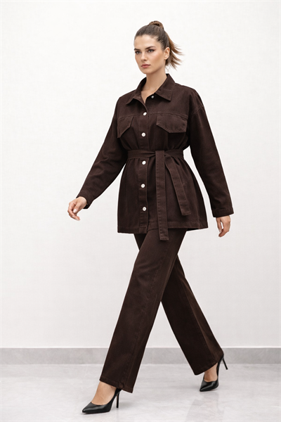 Kadın Belden Kemerli Oversize Denim Ceket Pantolon Takım – Acı Kahve