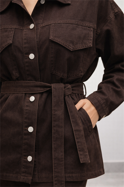 Kadın Belden Kemerli Oversize Denim Ceket Pantolon Takım – Acı Kahve