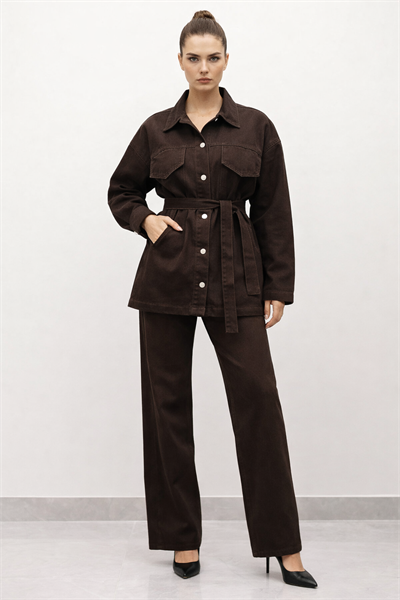 Kadın Belden Kemerli Oversize Denim Ceket Pantolon Takım – Acı Kahve