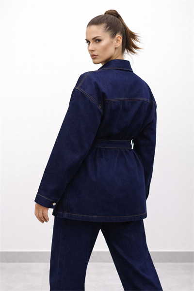 Kadın Belden Kemerli Oversize Denim Ceket Pantolon Takım – Lacivert