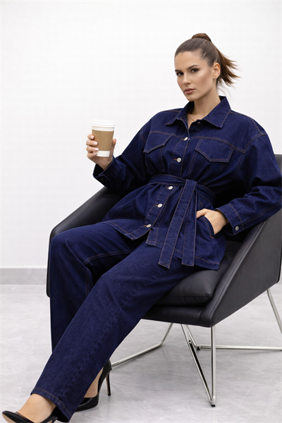 Kadın Belden Kemerli Oversize Denim Ceket Pantolon Takım – Lacivert