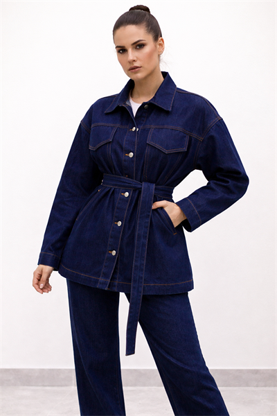 Kadın Belden Kemerli Oversize Denim Ceket Pantolon Takım – Lacivert