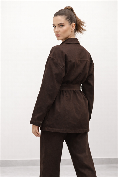 Kadın Belden Kemerli Oversize Denim Ceket Pantolon Takım – Acı Kahve