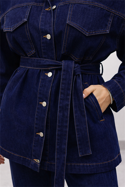 Kadın Belden Kemerli Oversize Denim Ceket Pantolon Takım – Lacivert