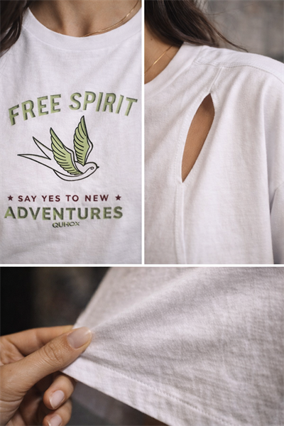 Kadın Beyaz Baskılı Oversize Tişört Omuz Dekolteli Rahat Kesim Günlük Tişört