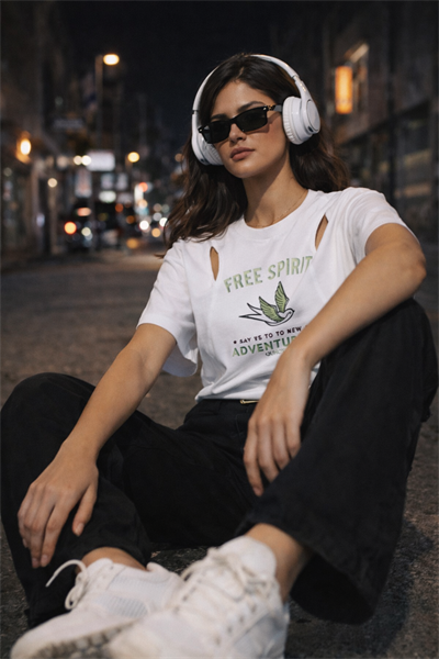 Kadın Beyaz Baskılı Oversize Tişört Omuz Dekolteli Rahat Kesim Günlük Tişört