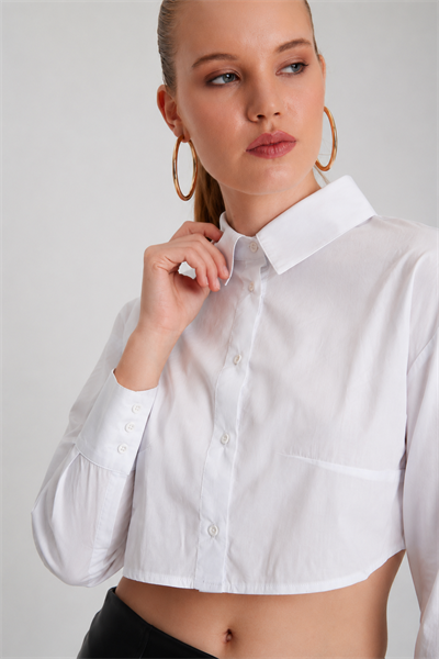 Kadın Beyaz Oversize Crop Poplin Gömlek