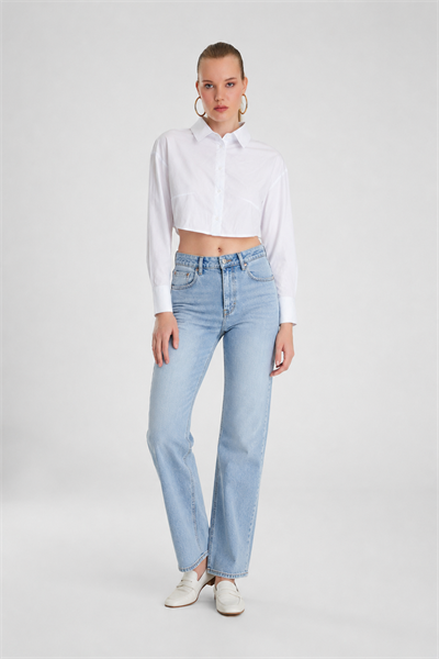 Kadın Beyaz Oversize Crop Poplin Gömlek