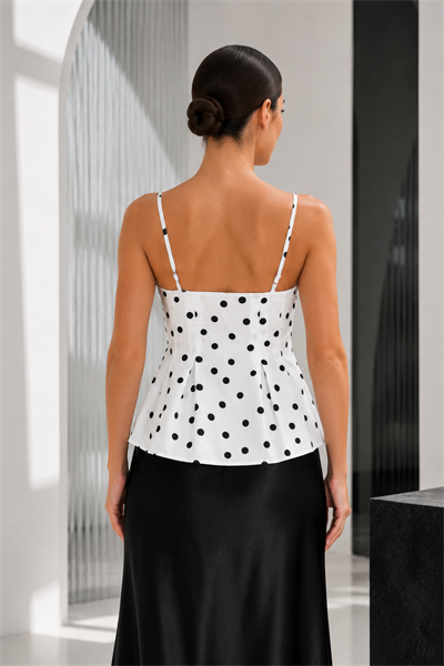 Kadın Beyaz Siyah Puantiyeli İnce Askılı Korse Formlu Peplum Bluz