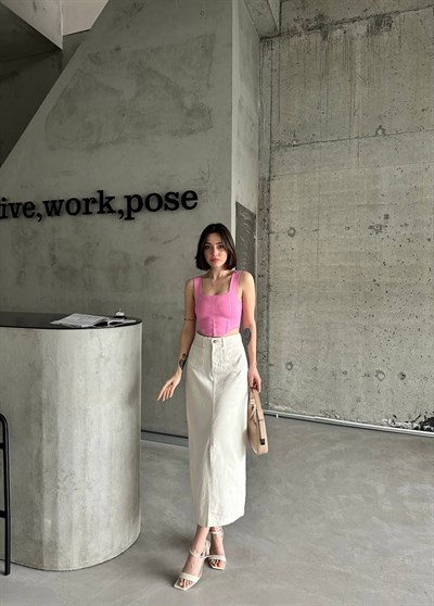 Kadın Beyaz Yüksek Bel Yırtmaçlı Midi Etek