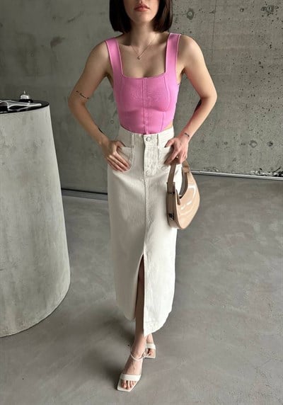 Kadın Beyaz Yüksek Bel Yırtmaçlı Midi Etek