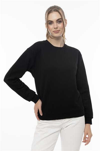 Kadın Bisiklet Yaka 3 İplik Şardonlu Sweatshirt Siyah