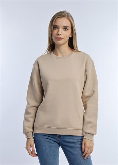 Kadın Bisiklet Yaka 3 İplik Şardonlu Sweatshirt Bej
