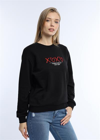 Kadın Bisiklet Yaka 3 İplik Şardonsuz Sweatshirt Siyah