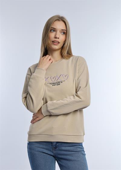 Kadın Bisiklet Yaka 3 İplik Şardonsuz Sweatshirt Bej