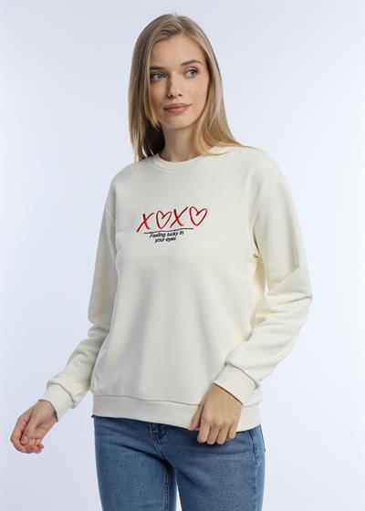 Kadın Bisiklet Yaka 3 İplik Şardonsuz Sweatshirt Ekru