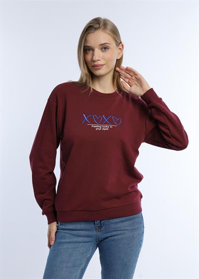Kadın Bisiklet Yaka 3 İplik Şardonsuz Sweatshirt Bordo