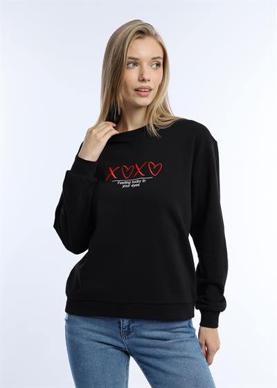 Kadın Bisiklet Yaka 3 İplik Şardonsuz Sweatshirt Siyah