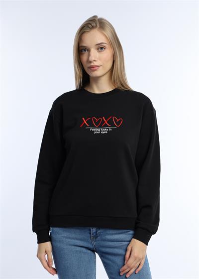 Kadın Bisiklet Yaka 3 İplik Şardonsuz Sweatshirt Siyah