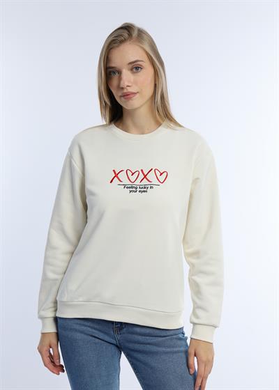 Kadın Bisiklet Yaka 3 İplik Şardonsuz Sweatshirt Ekru