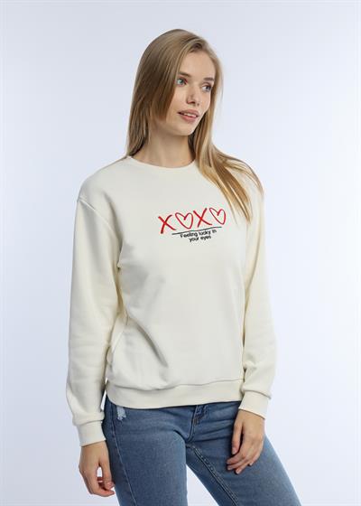 Kadın Bisiklet Yaka 3 İplik Şardonsuz Sweatshirt Ekru