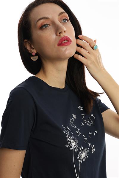 Kadin Bisiklet Yaka Baskılı Basic Tişört Lacivert