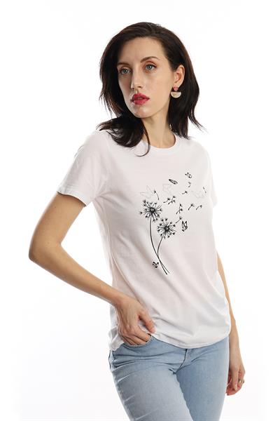 Kadin Bisiklet Yaka Baskılı Basic Tişört Beyaz