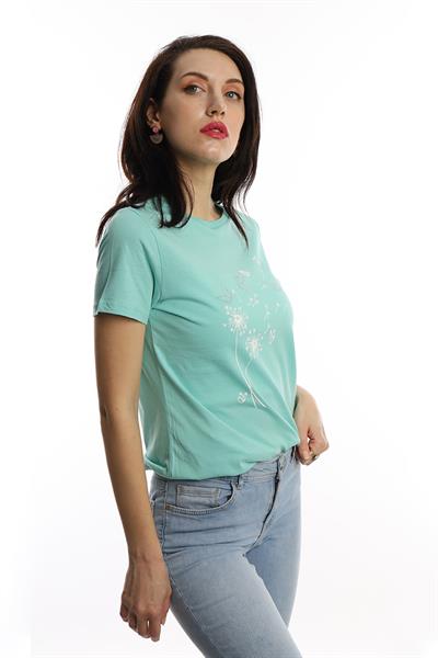 Kadin Bisiklet Yaka Baskılı Basic Tişört Turkuaz