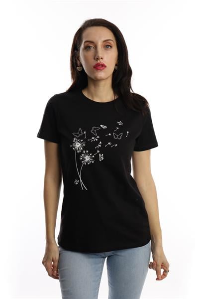 Kadin Bisiklet Yaka Baskılı Basic Tişört Siyah