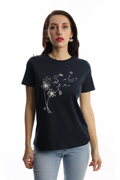 Kadin Bisiklet Yaka Baskılı Basic Tişört Lacivert