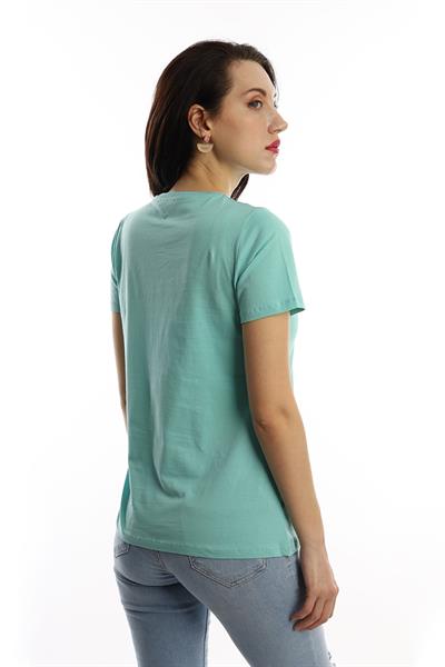 Kadin Bisiklet Yaka Baskılı Basic Tişört Turkuaz