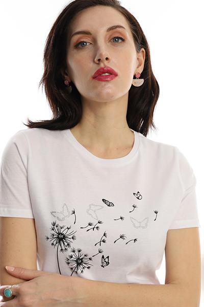 Kadin Bisiklet Yaka Baskılı Basic Tişört Beyaz
