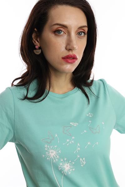 Kadin Bisiklet Yaka Baskılı Basic Tişört Turkuaz