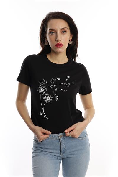 Kadin Bisiklet Yaka Baskılı Basic Tişört Siyah