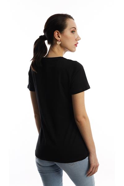 Kadin Bisiklet Yaka Baskılı Basic Tişört Siyah