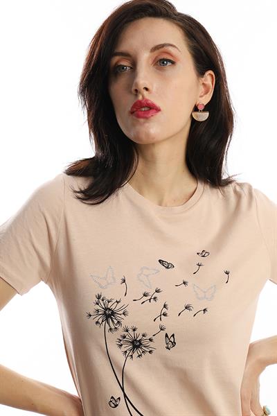 Kadin Bisiklet Yaka Baskılı Basic Tişört Bej