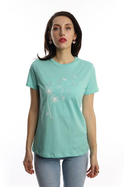 Kadin Bisiklet Yaka Baskılı Basic Tişört Turkuaz